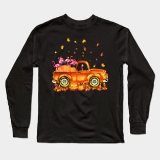 Flamingo Pumkin Car Autumn Halloween Long Sleeve T-Shirt